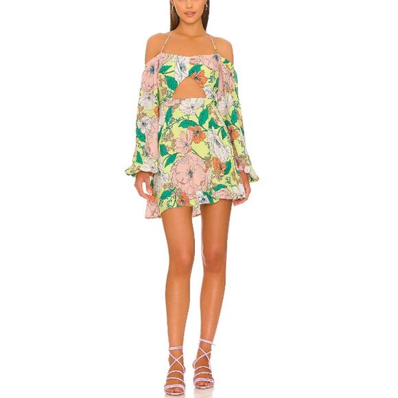 AFRM Spring Lime Bouquet Dolly Cut Out Mini Dress Size Small - Picture 1 of 11